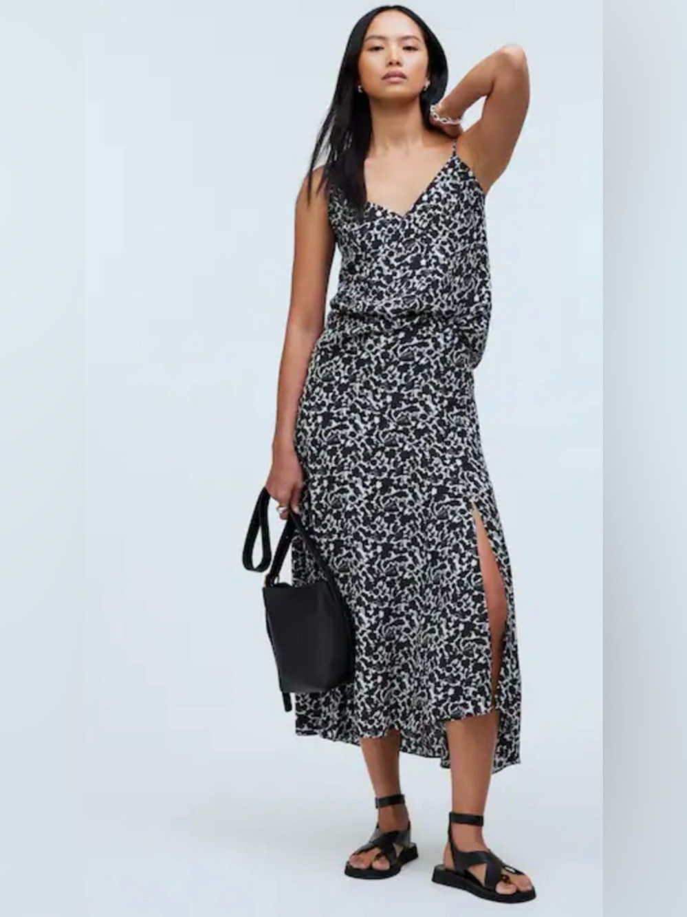 Madewell Black & White Printed Slip Maxi Skirt with Side Slit